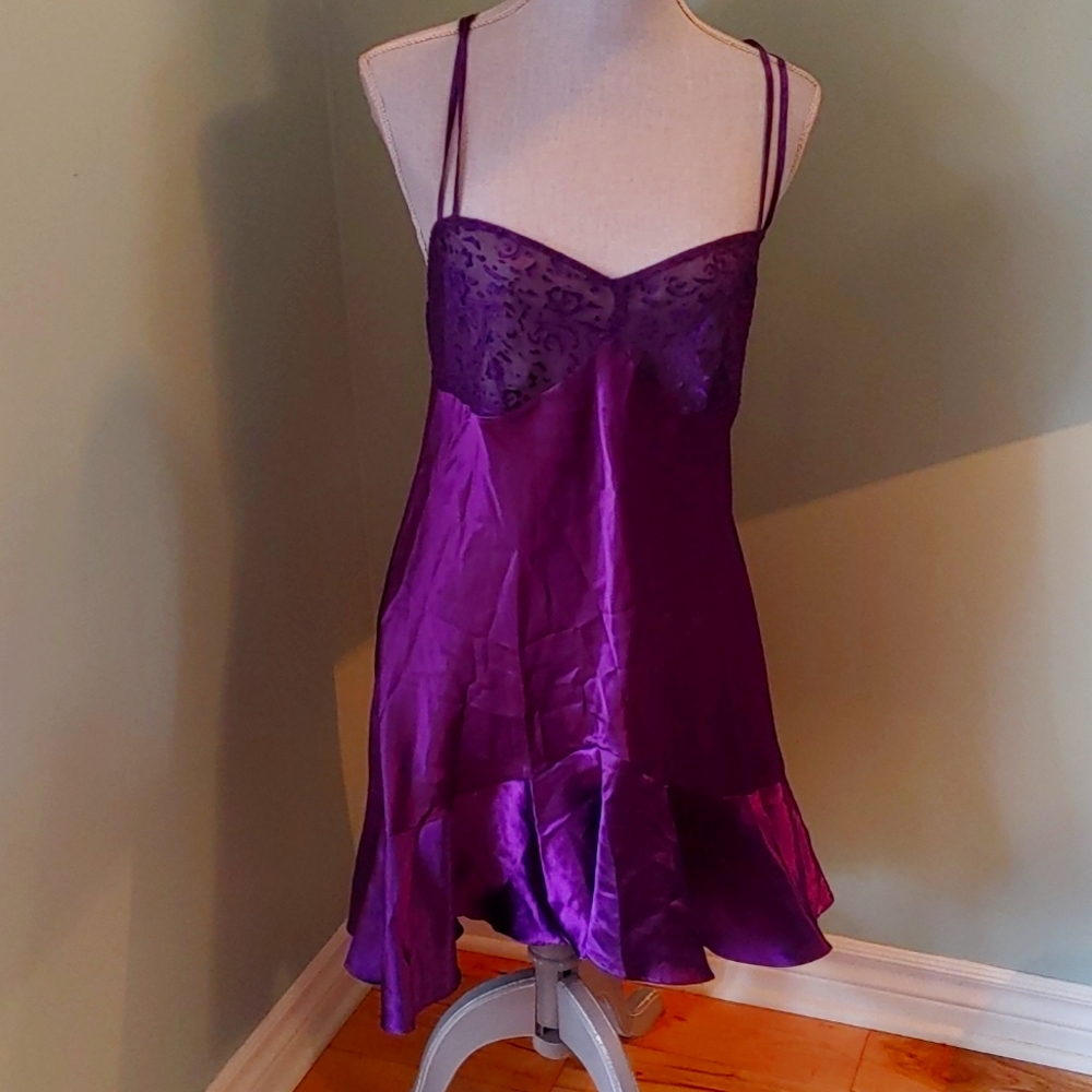 Lace and Satin Slip Dress Purple Size Medium